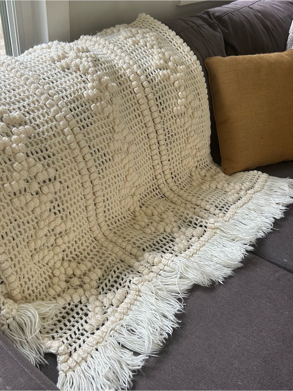 Handmade Cream crochet throw blanket textured bobble fringed edges 40”x60”